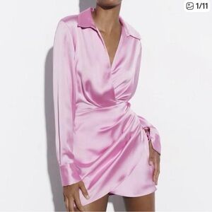 Classic Zara Pink Satin Long Sleeve Sexy but Elegant Mini Dress Wrap Design. NWT